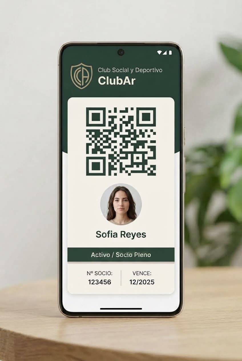 Credencial digital de socio con código QR en un celular