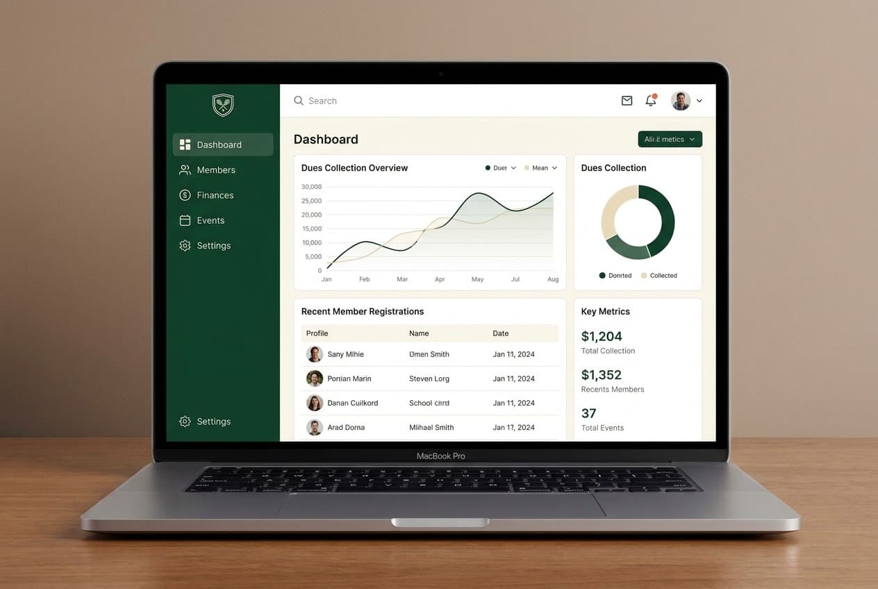 Panel administrativo de ClubAr en una laptop, con el resumen de cuotas y socios